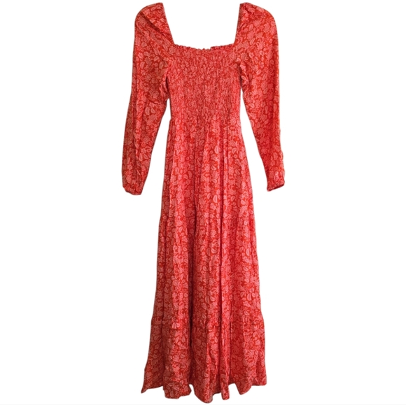 Anthropologie Dolan Smocked Red Motif Maxi Dress XS Pink Floral Long Sleeves - Picture 8 of 9
